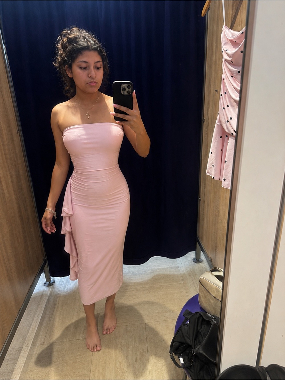 Windsor Strapless Blush Pink Midi Dress with Side Ruffle